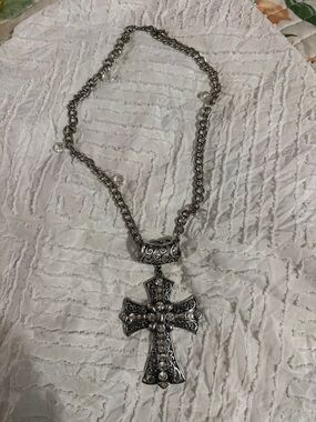 Silver-Tone Ornate Cross Pendant Necklace